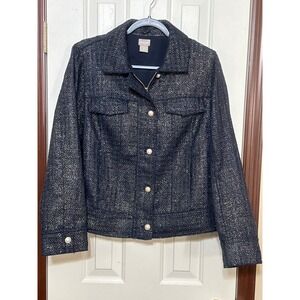 Chico's Tweed Jacket Pearl Button Front Career Blazer‎ Blue Gold Size 2